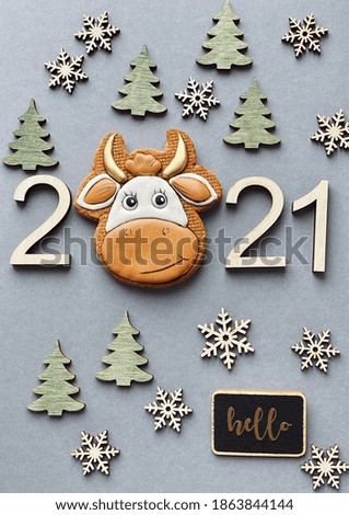 Year of Bull, Symbol of Chinese New year 2021 on festive background. New Year, Christmas concept. 