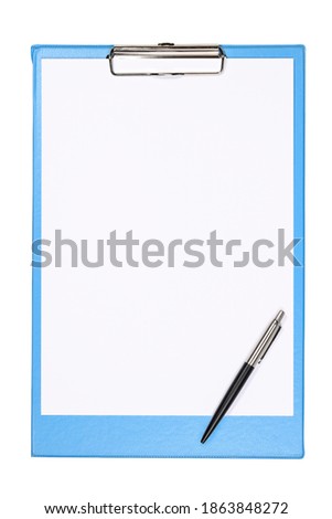 Light blue clipboard with empty white paper sheet for design and text and black pen. Close-up photo with copy space isolated on white background.