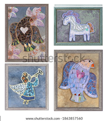 Mosaic decor in 
frame. 
Mosaic picture 
for interior. Mosaic bird, angel, fox, horse