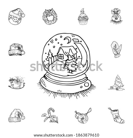 snowball globe with house and christmas tree at night vector illustration in color and outline sketch style on white background
