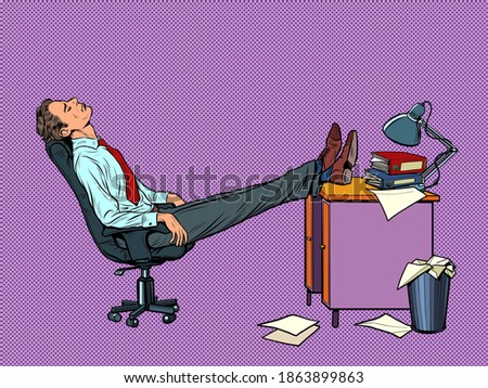 Office worker Manager resting in a work chair. Fatigue. Pop art retro illustration kitsch vintage 50s 60s style