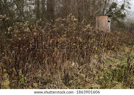 A wooden house for hunters, a shooting pulpit in a meadow by the forest on the Vistula river bank