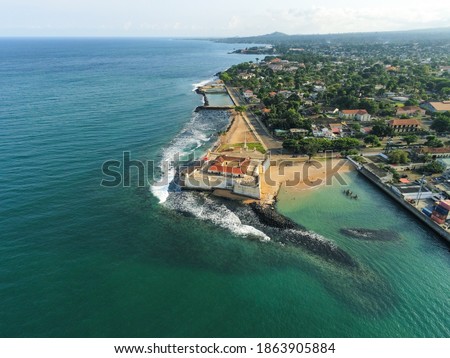 Aerial view from the sea of  São Sebastião Fort  in São Tomé e Principe, and the city cost ,Africa Royalty-Free Stock Photo #1863905884