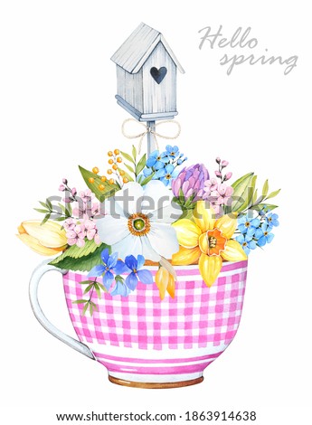 Cup of flower. Spring flower bouquet. Watercolor illustration.