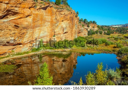 Small puddle reflects rocks and sky. USA. Arizona, Utah. Huge slopes of red sandstone. Paria Canyon-Vermilion Cliffs Wilderness Area. The concept of active, extreme and photo tourism Royalty-Free Stock Photo #1863930289