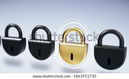 Simple group of black closed locks with one golden lock animation on light background. Access concept 3d render.