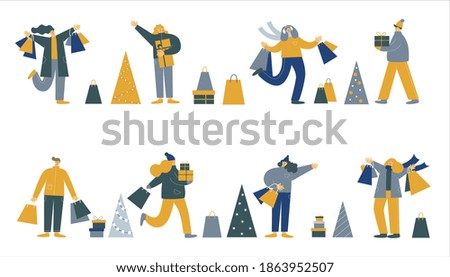 Christmas shopping concept. Happy people dressed in winter clothes with gifts and shopping bags isolated on white background. Winter sales. Vector illustration.