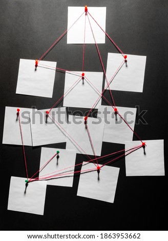 Photo of a black detecftive board with blank paper linked by red thread.