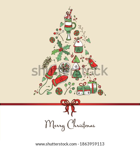 Christmast and New Year card with Christmas decorations and holly tree. Vector hand drawn illustration