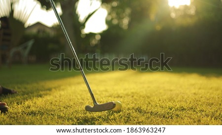 Close up putting golfball going to into hole in garden in background at sunset. Senior golfer doing a golf stroke, he is playing on a wonderful summer afternoon.