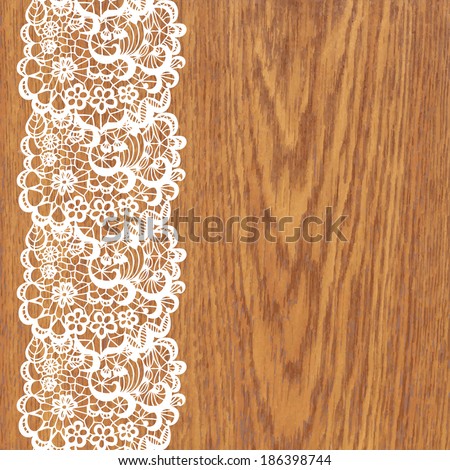 White lace on wood texture. Vector illustration.