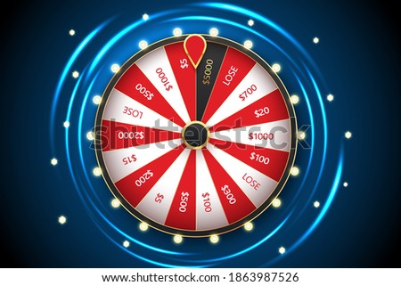 Casino spinning fortune wheel vector banner template. Rotating roulette, lottery game poster layout. Jackpot Big Win lightbulbs glowing sign. Gambling business. Game of luck playing Royalty-Free Stock Photo #1863987526