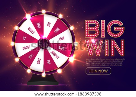 Casino spinning fortune wheel vector banner template. Rotating roulette, lottery game poster layout. Jackpot Big Win lightbulbs glowing sign. Gambling business. Game of luck playing Royalty-Free Stock Photo #1863987598