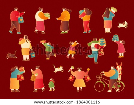 Lunar new year shopping people set isolated on scarlet red background