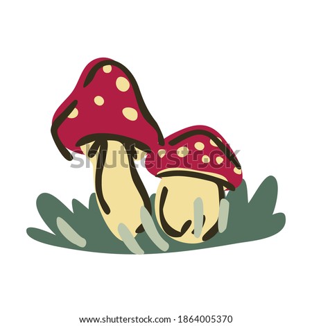 Cute cartoon toadstool mushroom monochrome lineart vector illustration. Simple fly agaric sticker clipart. Kids poisonous fungi hand drawn kawaii mycology. 