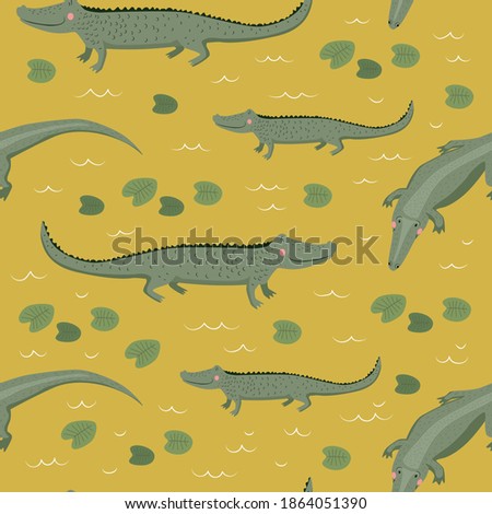 Seamless pattern cute crocodile on a yellow background for wrapping paper, print, scrapbooking paper, textile or fabric. Crocodiles swim in the river. Vector illustration. 