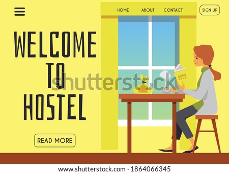 Website interface template for hostel with cartoon character of traveler in apartments, flat vector illustration. Accommodation and bedding in hotels.
