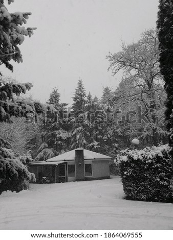 snow landscape: traditional house in the forest covered by snow
