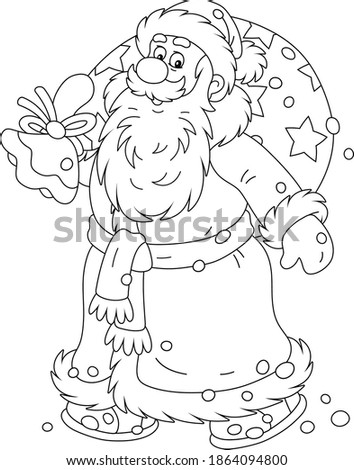 Santa Claus smiling and walking in hurry with his big magic bag of winter holiday gifts for little children, black and white outline vector cartoon illustration for a coloring book page Royalty-Free Stock Photo #1864094800