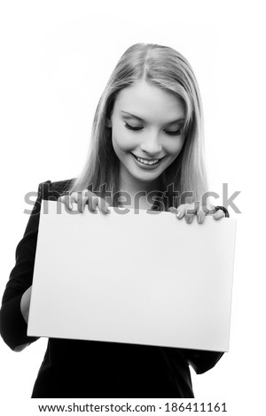 happy woman holding a blank piece card