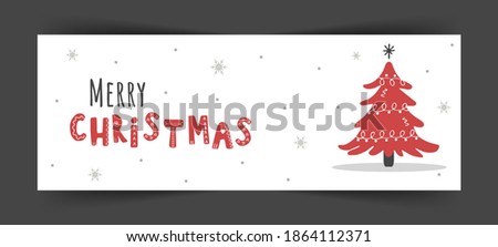 Christmas banner. Cute background with tree and scandinavian letters. Horizontal new years poster for website. Vector illustration in flat cartoon style.