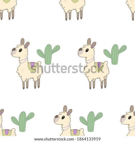 Seamless background with cute llama with cactus. Decorative cute wallpaper for the nursery in the Scandinavian style. Suitable for children's clothing, interior design, packaging, printing.