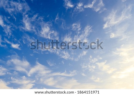 Bright blue sky with feather clouds lit by the daytime sun. Abstract background.