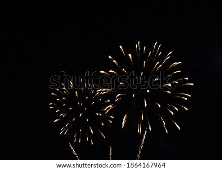 Beautiful golden firework on black background. Firework explode night closeup. Template to design Greeting card for Christmas holidays, New year, anniversary, independence day, Birthday