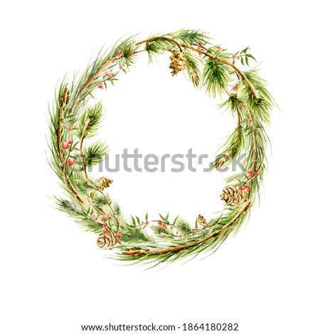 Watercolor Winter Christmas Clipart. Hand painted new year wreath with pine cones and fir tree branches. Floral illustration for design, print or background