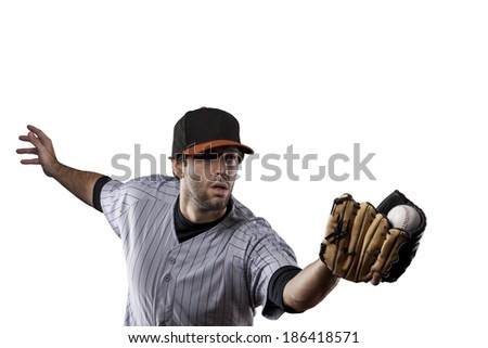 Baseball Player in a Orange uniform, on a white background.