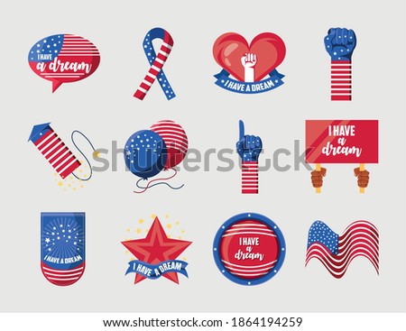 Martin Luther King Day, icons set american flag in ribbon hand balloons and more vector illustration