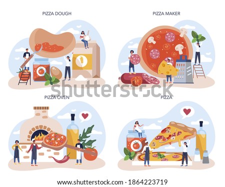 Pizza maker concept set. Chef cooking tasty delicious pizza. Italian food. Salami and mozarella cheese, tomato slice. Isolated vector illustration in cartoon style