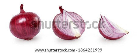 Whole and sliced red onion isolated on white background. Full depth of field. Royalty-Free Stock Photo #1864231999