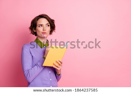 Photo of charming lady hold organizer writer beginner wear purple jumper isolated pink color background