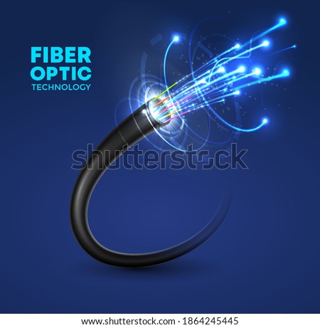 Fiber optic cable technology vector design of internet, network, speed data connection and telecommunication. Multi fiber wire with cores in color jackets and blue neon lines, communication networking Royalty-Free Stock Photo #1864245445