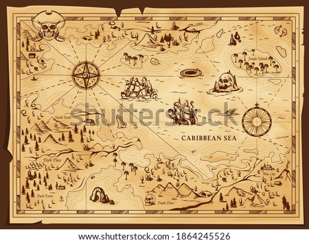 Old pirate map, vector worn parchment with jolly roger in tricorn, caribbean sea, islands and land, wind rose and cardinal points. Vintage grunge paper pirate map, adventure, treasure research game Royalty-Free Stock Photo #1864245526