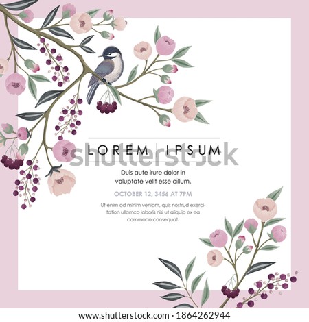 Vector illustration of a floral frame with little a bird on branch in spring. Design for cards, party invitation, Print, Frame Clip Art and Business Advertisement and Promotion 