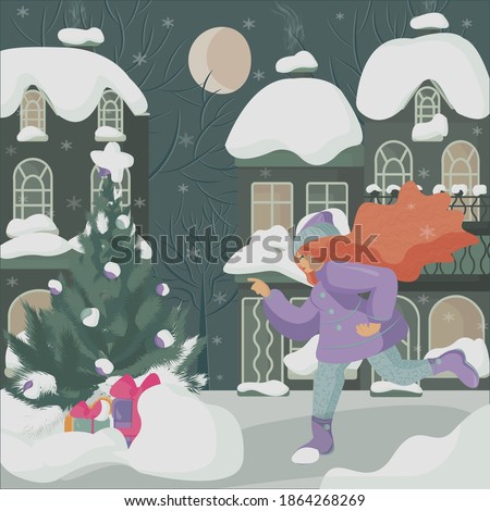 a girl runs to the Christmas tree with gifts