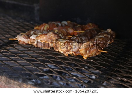 Chicken sosaties being cooked on a braai grid. This is a popular type of food in South Africa. This photo has selective focus. 