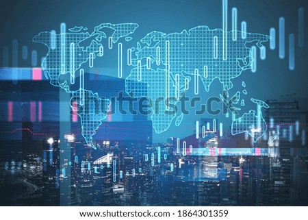 Futuristic interface with graphs and world map over dark cityscape background. 3d rendering toned image double exposure