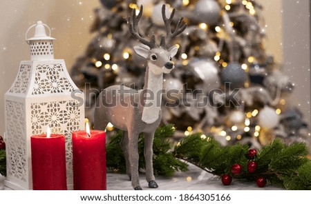 Christmas festive background, fir tree with bokeh lights. Fabulous deer on a bokeh, background for a postcard.