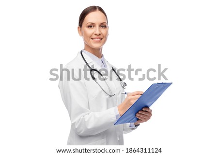medicine, profession and healthcare concept - happy smiling female doctor in white coat with clipboard and pen