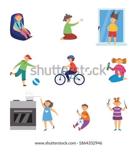A set of characters of little kids in dangerous situations. The concept of child safety and attention to playing children. Flat cartoon vector isolated illustrations.