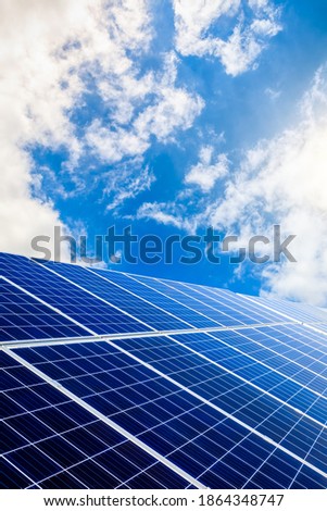 Solar power panels and natural landscape in sunny summer, Asia Royalty-Free Stock Photo #1864348747