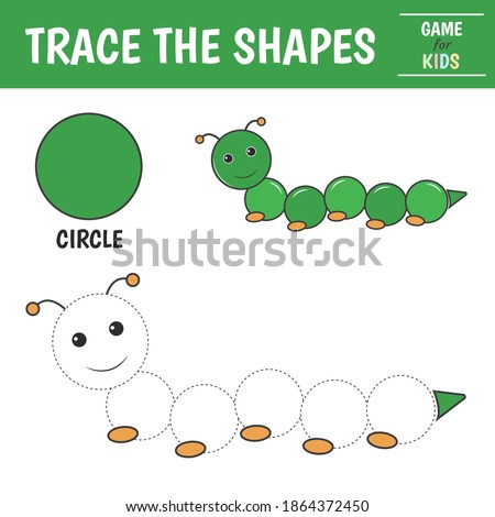 Learn geometric shapes  - oval. Preschool worksheet for practicing motor skills. Caterpillar of geometric shapes. Tracing dashed lines. Vector illustration