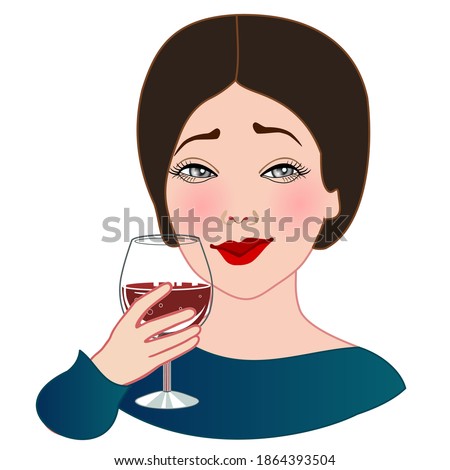 drunk women holds a wine glass of champagne or other alcohol in her hand, simplistic facial expression vector illustration, cartoon character
