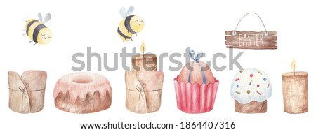 easter set, cakes, cupcakes, candles, wooden signboards, bees, watercolor illustration