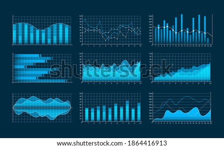Set of business graphs. Infographics and diagnostics, charts and schemes. Trend lines, columns, market economy information background. Analysis and management of financial assets. Vector illustration.