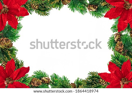 Christmas frame and ornament on white background. Selective focus. Space for text.
