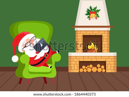 Santa sitting on green armchair with tablet near fireplace decorated with holiday jingle bells and spruce. Claus in room near chimney from bricks vector